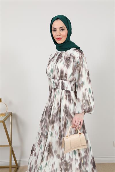 Şifon Bel Lastikli Elbise - Krem