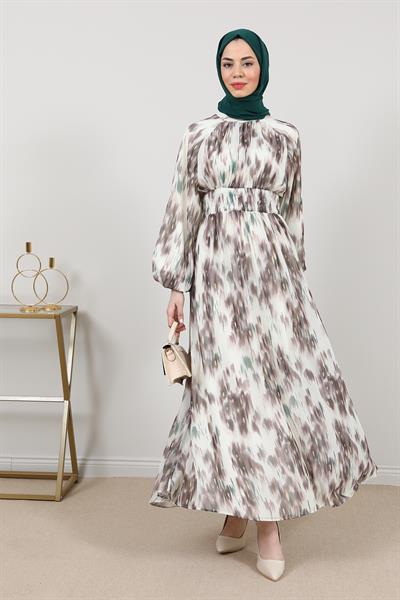 Şifon Bel Lastikli Elbise - Krem