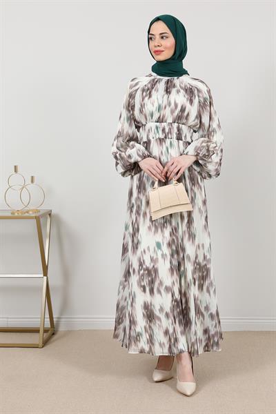 Şifon Bel Lastikli Elbise - Krem