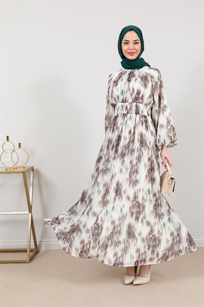 Şifon Bel Lastikli Elbise - Krem