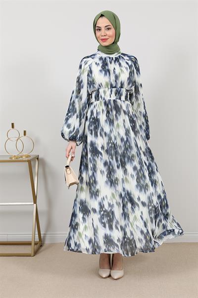 Şifon Bel Lastikli Elbise - Mavi