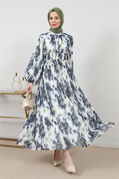 Şifon Bel Lastikli Elbise - Mavi