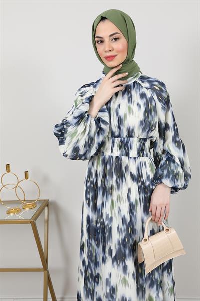 Şifon Bel Lastikli Elbise - Mavi