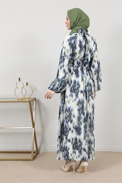 Şifon Bel Lastikli Elbise - Mavi