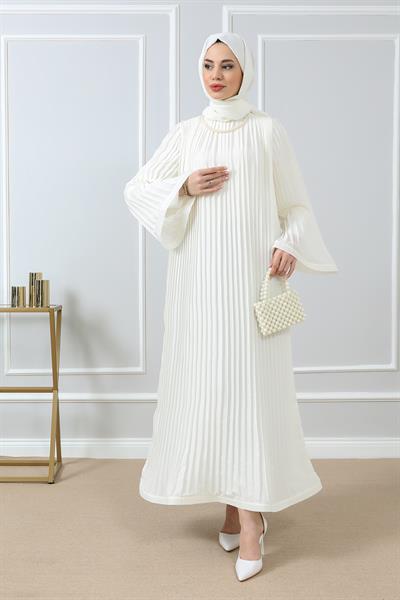 Şifon Piliseli Abiye - Beyaz