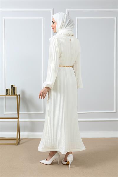 Şifon Piliseli Abiye - Beyaz