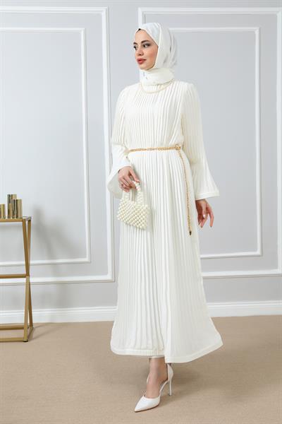 Şifon Piliseli Abiye - Beyaz