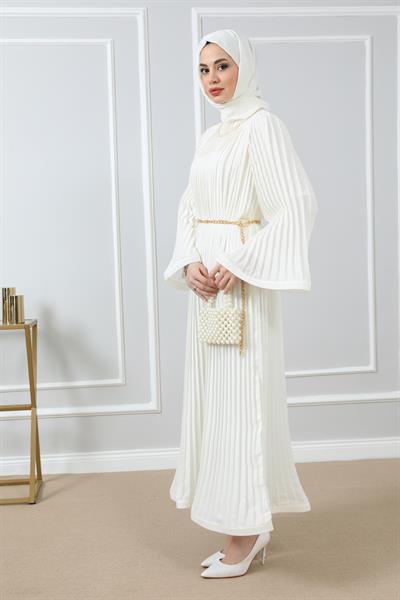 Şifon Piliseli Abiye - Beyaz