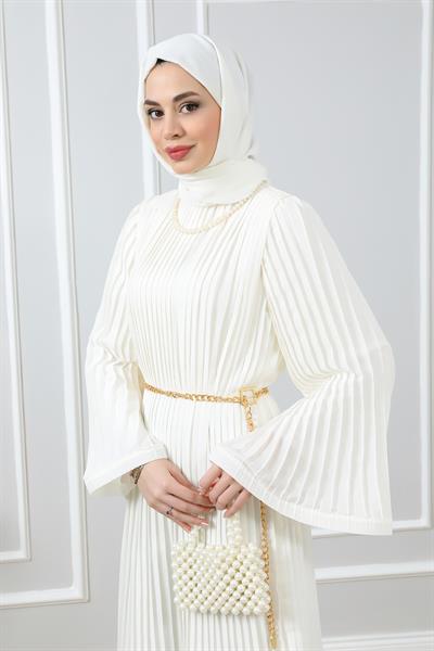 Şifon Piliseli Abiye - Beyaz