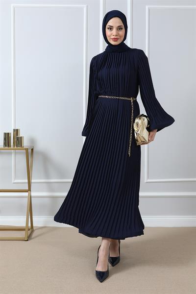 Şifon Piliseli Abiye - Lacivert