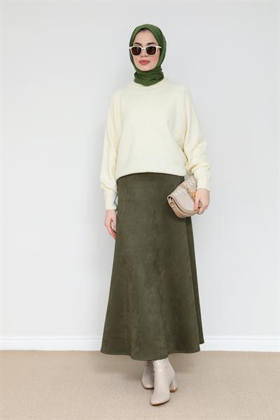 Süet Kloş Etek - Haki