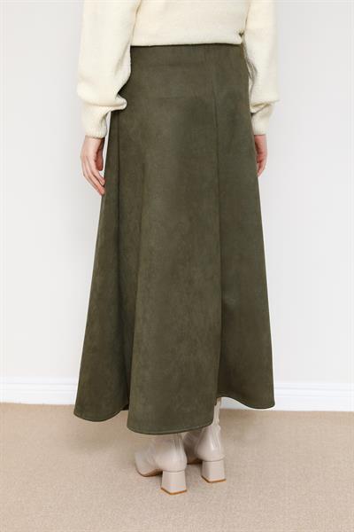 Süet Kloş Etek - Haki