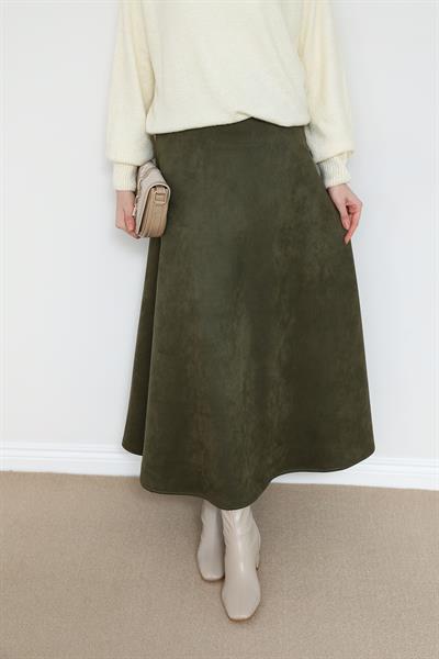 Süet Kloş Etek - Haki