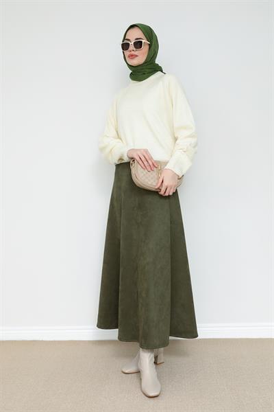 Süet Kloş Etek - Haki