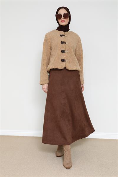 Süet Kloş Etek - Kahverengi