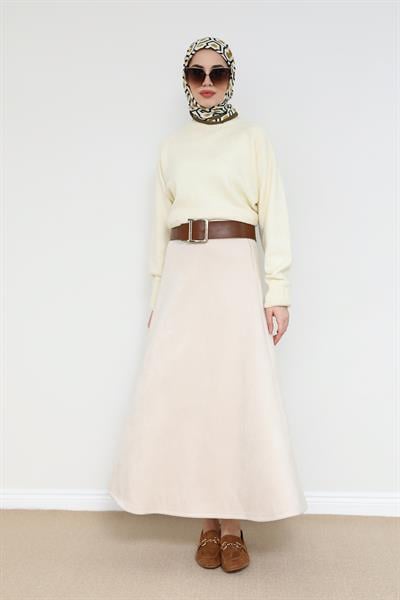 Süet Kloş Etek - Krem