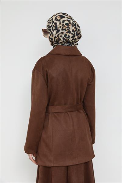 Süet Kuşaklı Ceket - Kahverengi