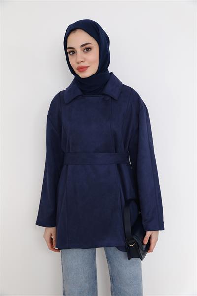 Süet Kuşaklı Ceket - Lacivert