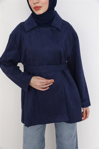 Süet Kuşaklı Ceket - Lacivert