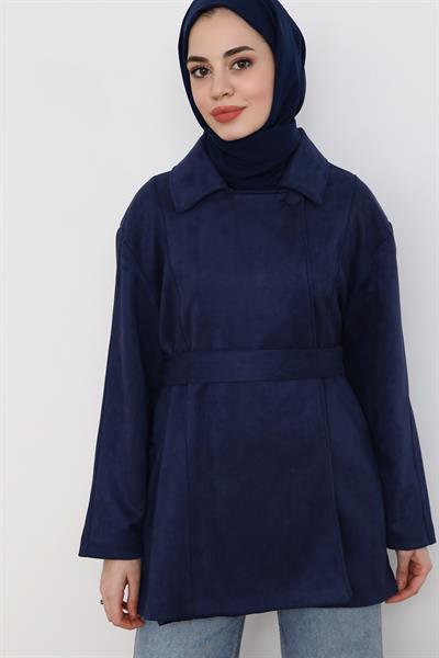 Süet Kuşaklı Ceket - Lacivert