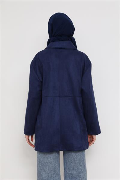 Süet Kuşaklı Ceket - Lacivert