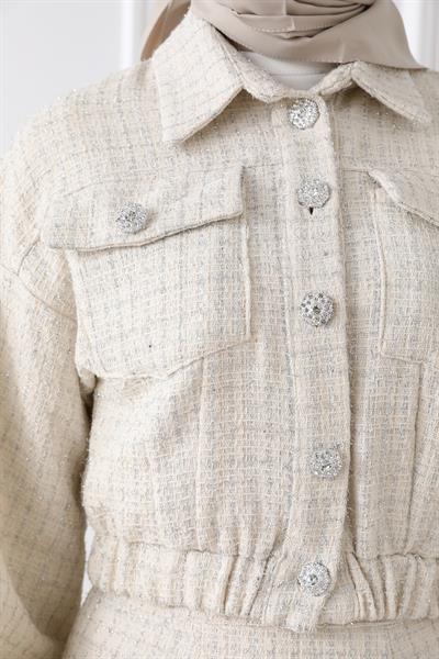 Taş Düğmeli Tüvit Takım - Krem