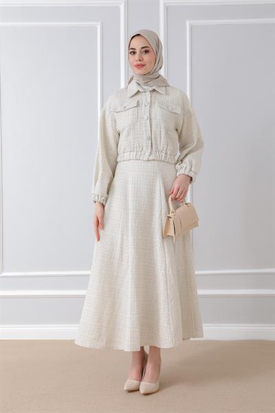 Taş Düğmeli Tüvit Takım - Krem