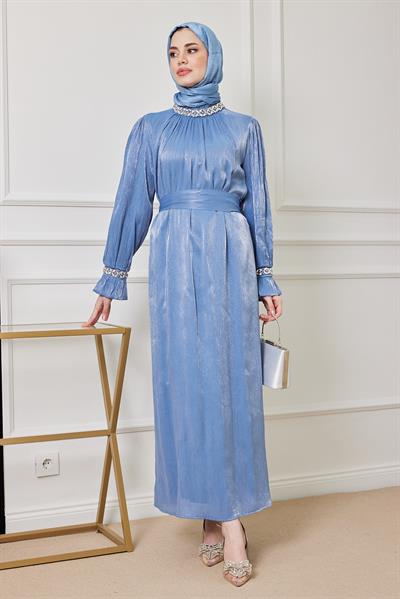Taş İşleme Tasarım Abiye - MAVİ