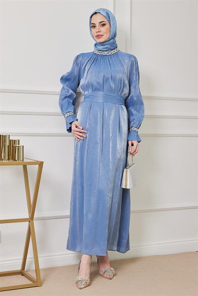 Taş İşleme Tasarım Abiye - MAVİ