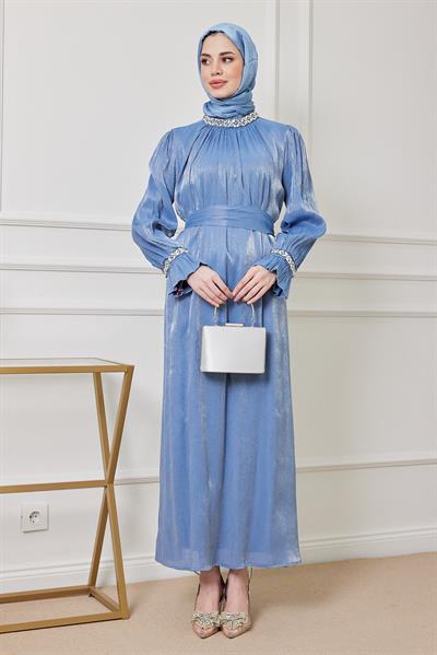 Taş İşleme Tasarım Abiye - MAVİ