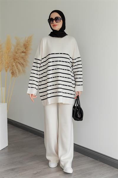 Taşlı Triko Takım - Krem