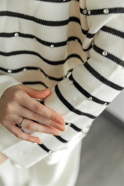 Taşlı Triko Takım - Krem