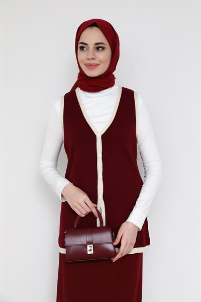 Triko Şeritli Yelek - Bordo