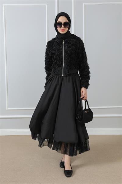 Tül Detaylı Etek - Siyah