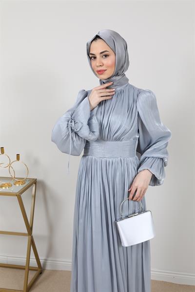 Tül Drapeli Abiye - Gri