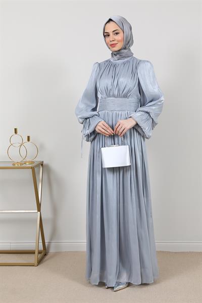 Tül Drapeli Abiye - Gri