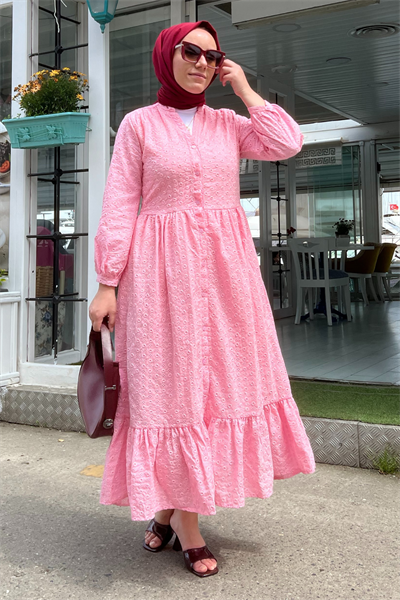 Uzun Kollu Fisto Elbise - PEMBE