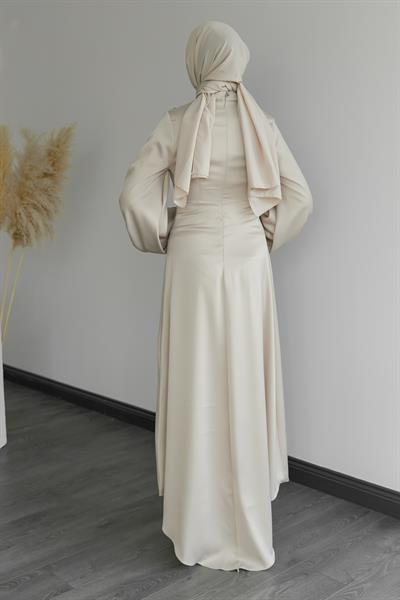 Uzun Saten Abiye - Krem