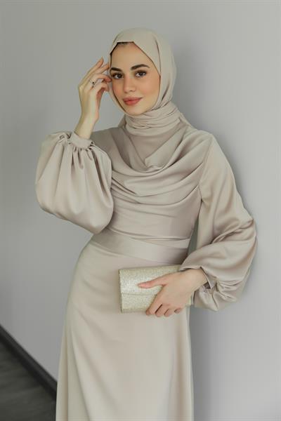 Uzun Saten Abiye - Krem