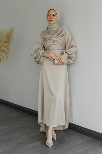 Uzun Saten Abiye - Krem