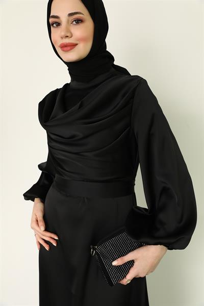 Uzun Saten Abiye - Siyah