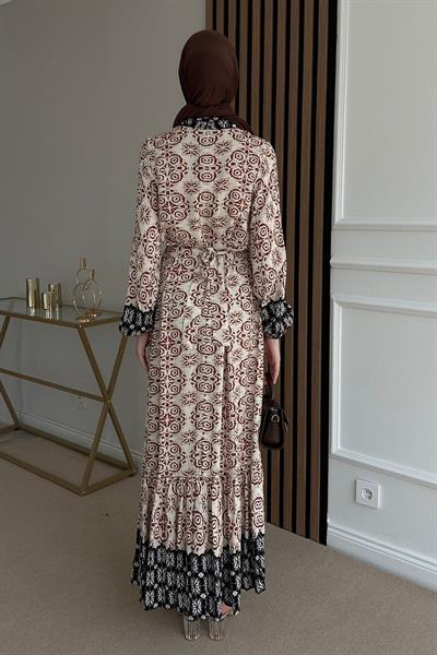 Viskon Desenli Elbise - KREM