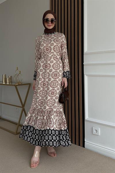 Viskon Desenli Elbise - KREM