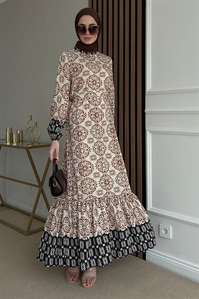 Viskon Desenli Elbise - KREM