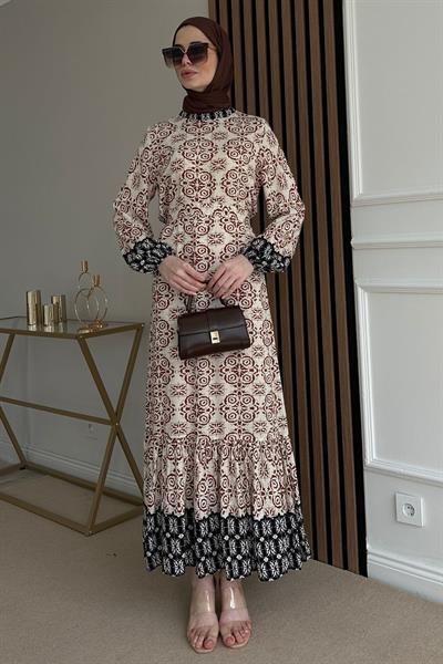 Viskon Desenli Elbise - KREM