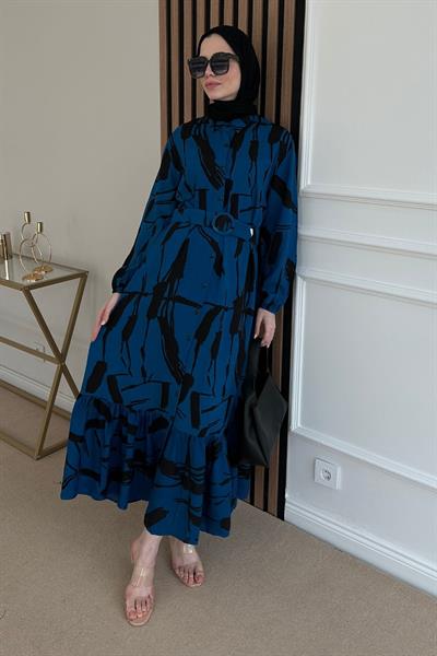 Viskon Gömlek Elbise - MAVİ