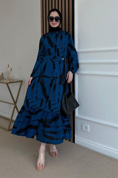 Viskon Gömlek Elbise - MAVİ