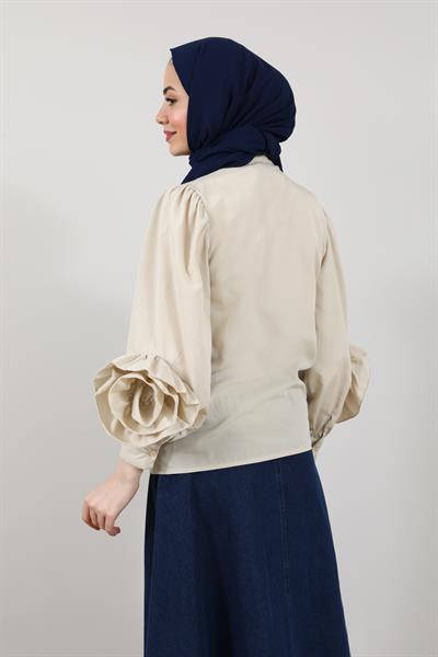Yaka Bağlamalı Gömlek - Krem