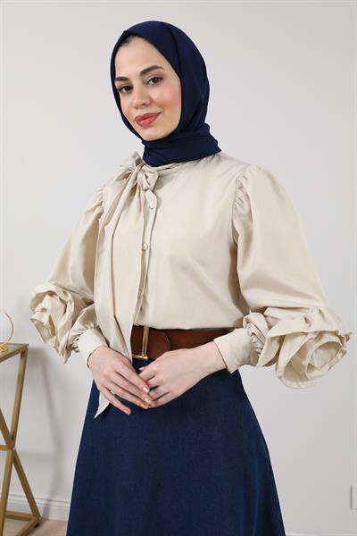 Yaka Bağlamalı Gömlek - Krem