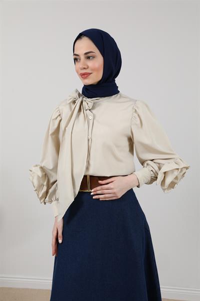Yaka Bağlamalı Gömlek - Krem